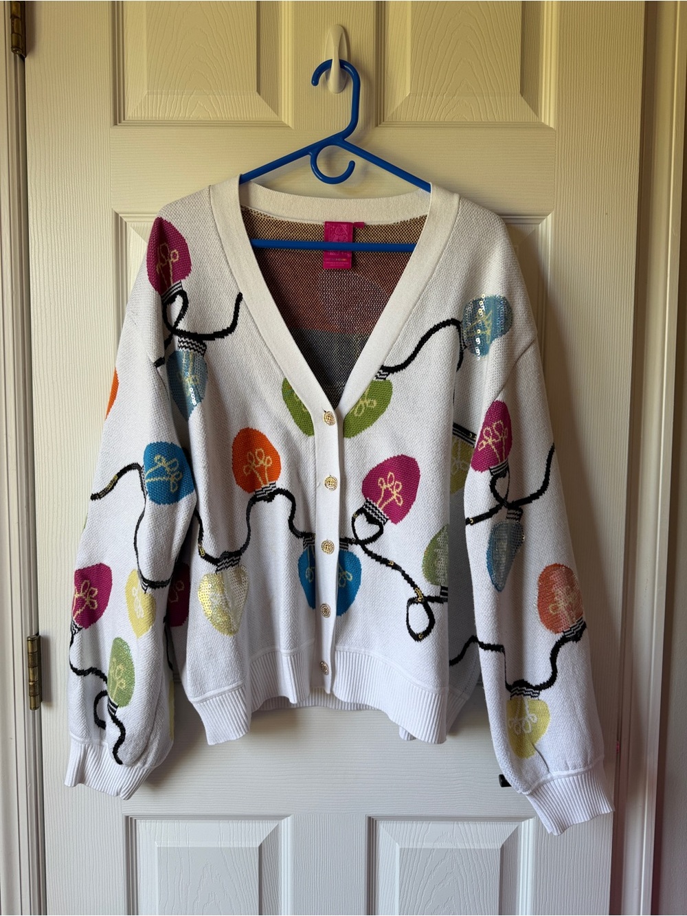 QUEEN OF SPARKLES White Button-Front Cardigan with Multicolor Light Bulb - Large